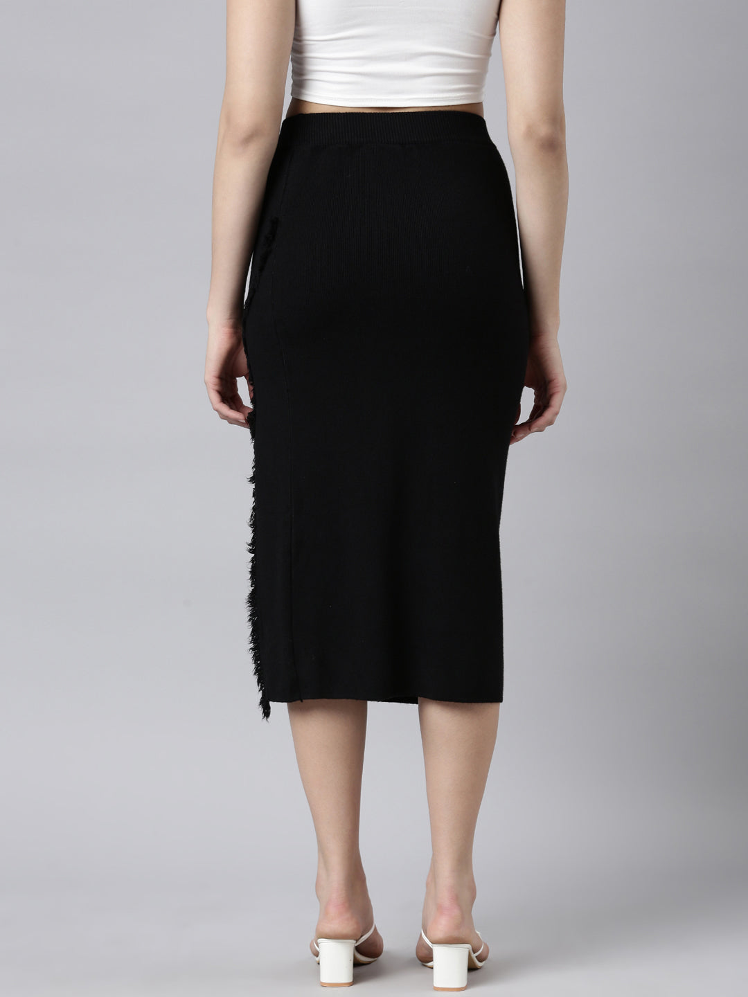 Women Solid Black Straight Midi Skirt