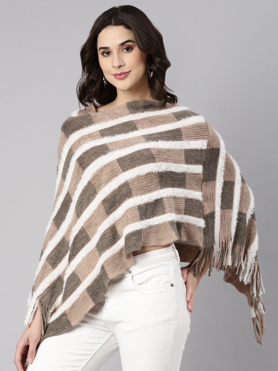 Women's Geometric Beige Poncho