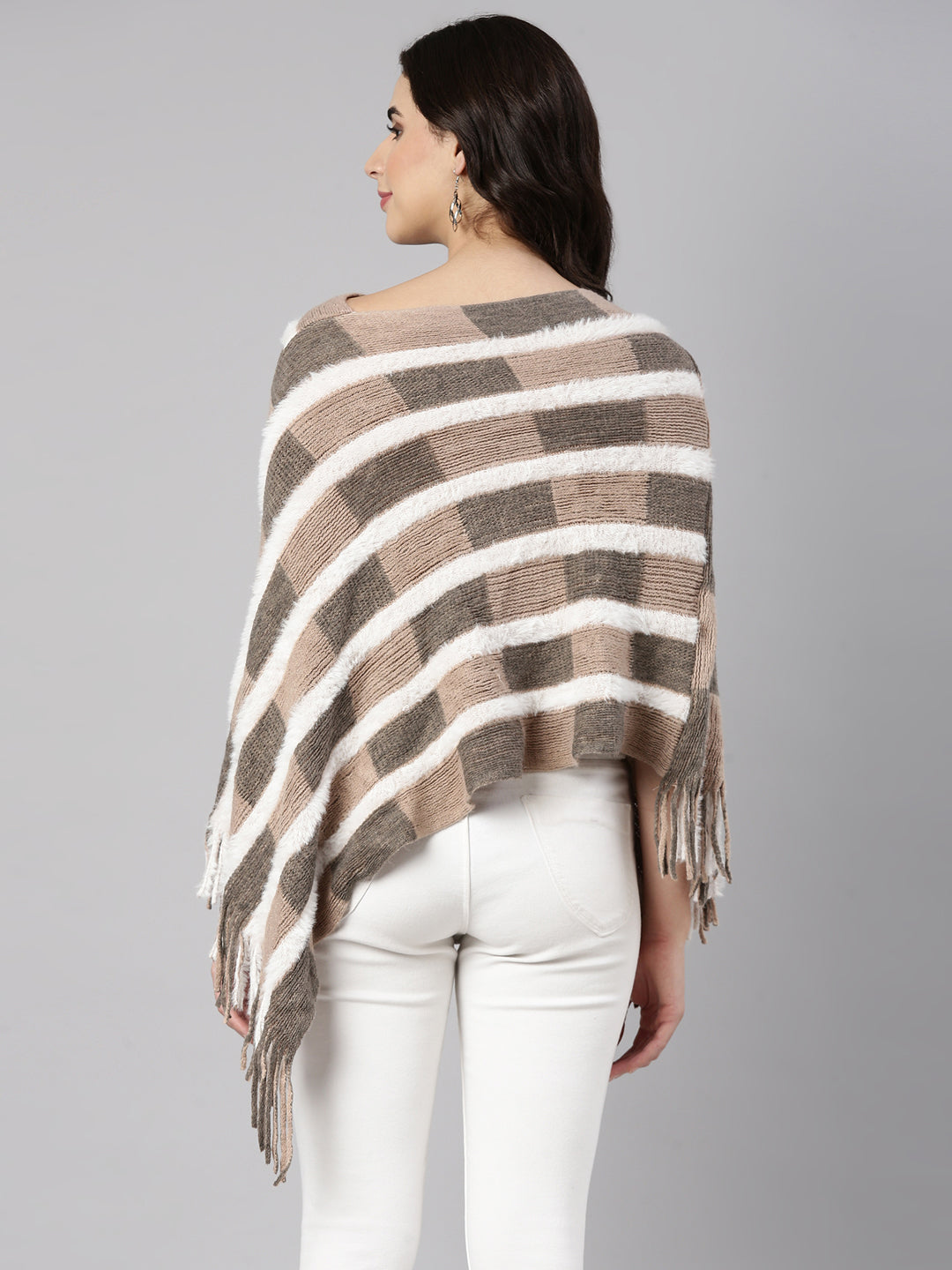 Women's Geometric Beige Poncho