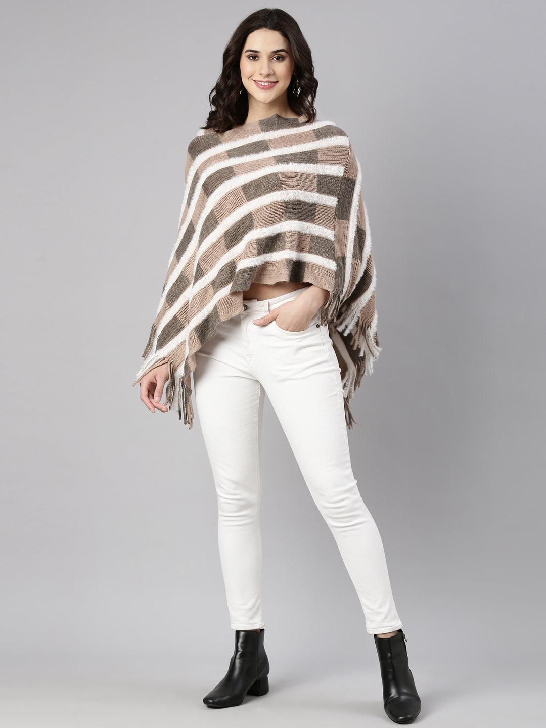 Women's Geometric Beige Poncho