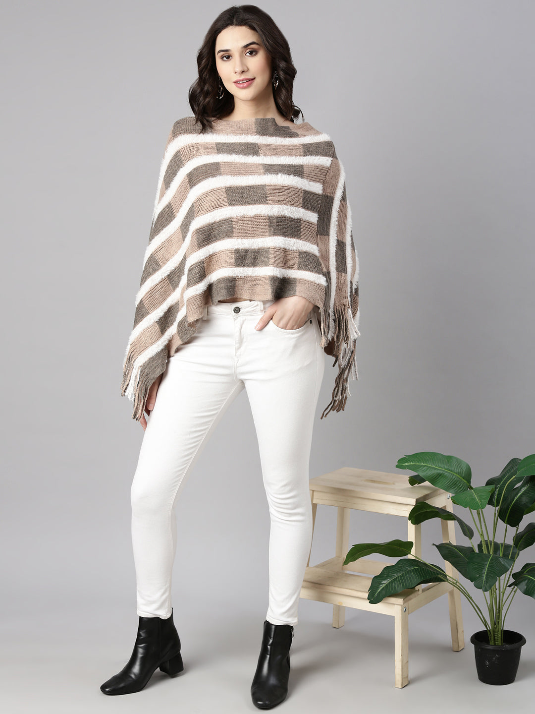 Women's Geometric Beige Poncho