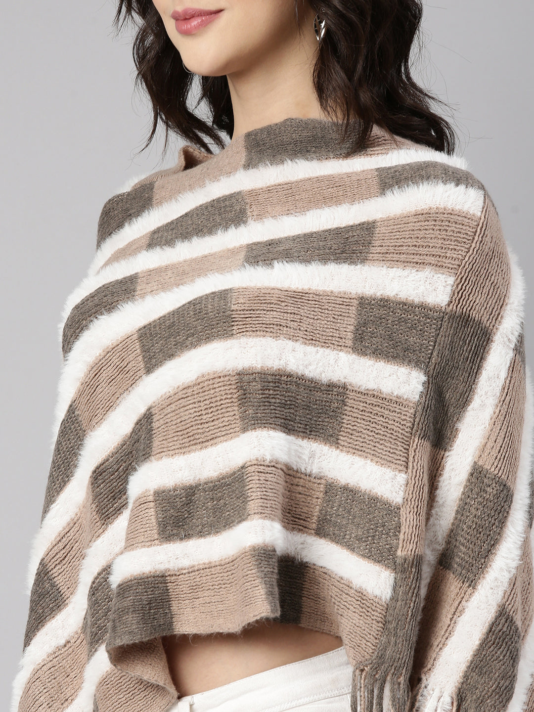 Women's Geometric Beige Poncho