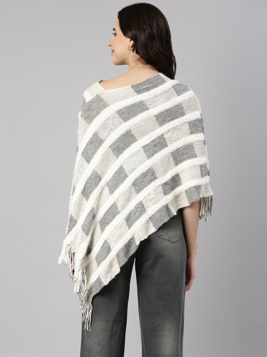 Women's Geometric Grey Poncho