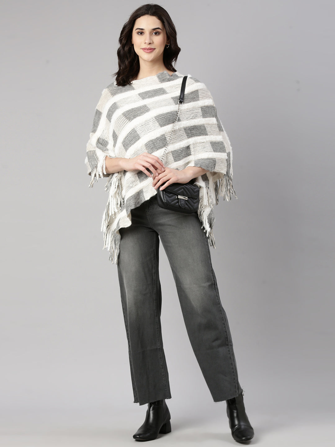 Women's Geometric Grey Poncho
