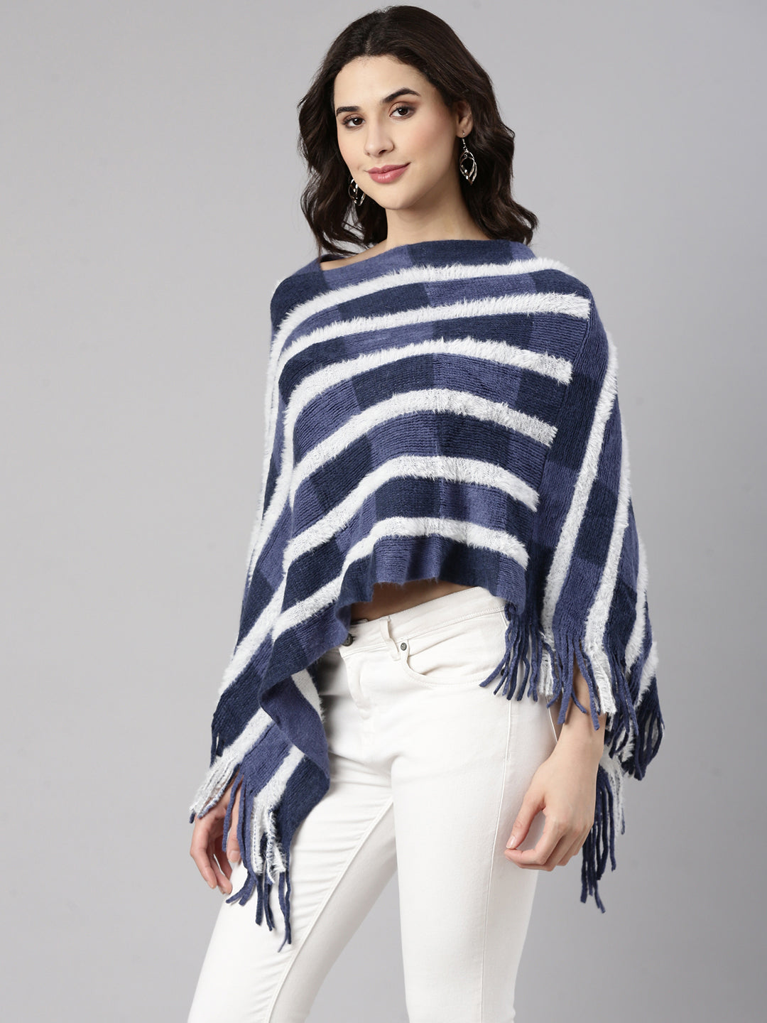 Women's Striped Navy Blue Poncho