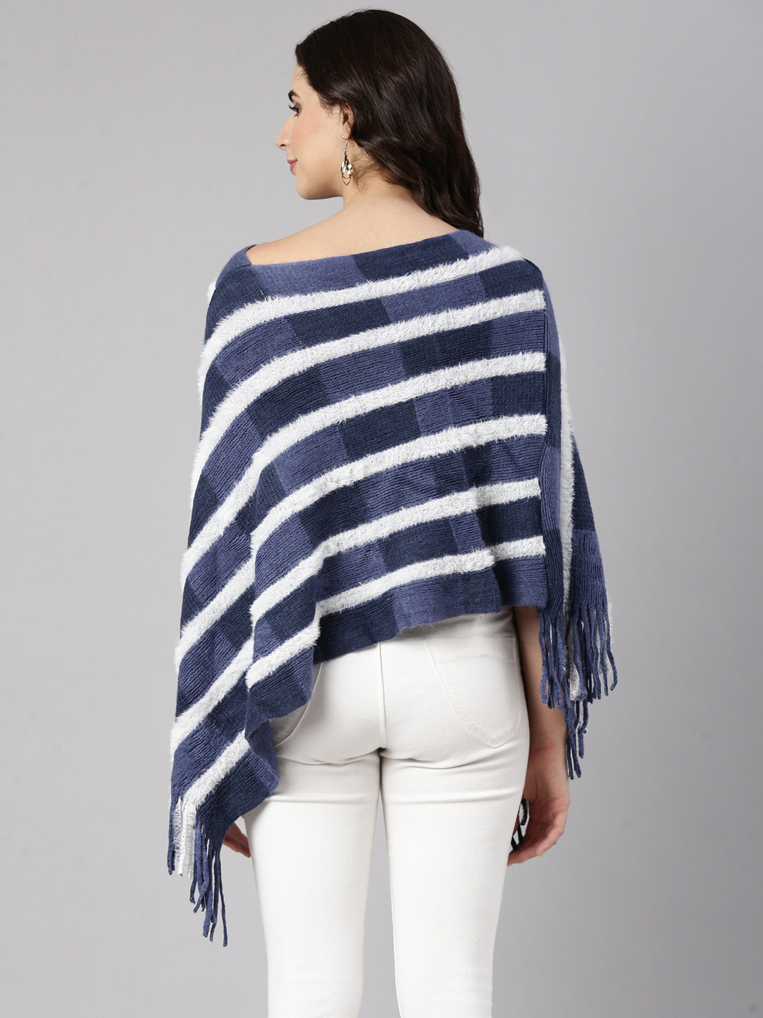 Women's Striped Navy Blue Poncho