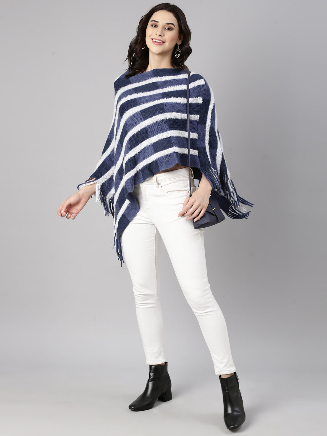 Women's Striped Navy Blue Poncho
