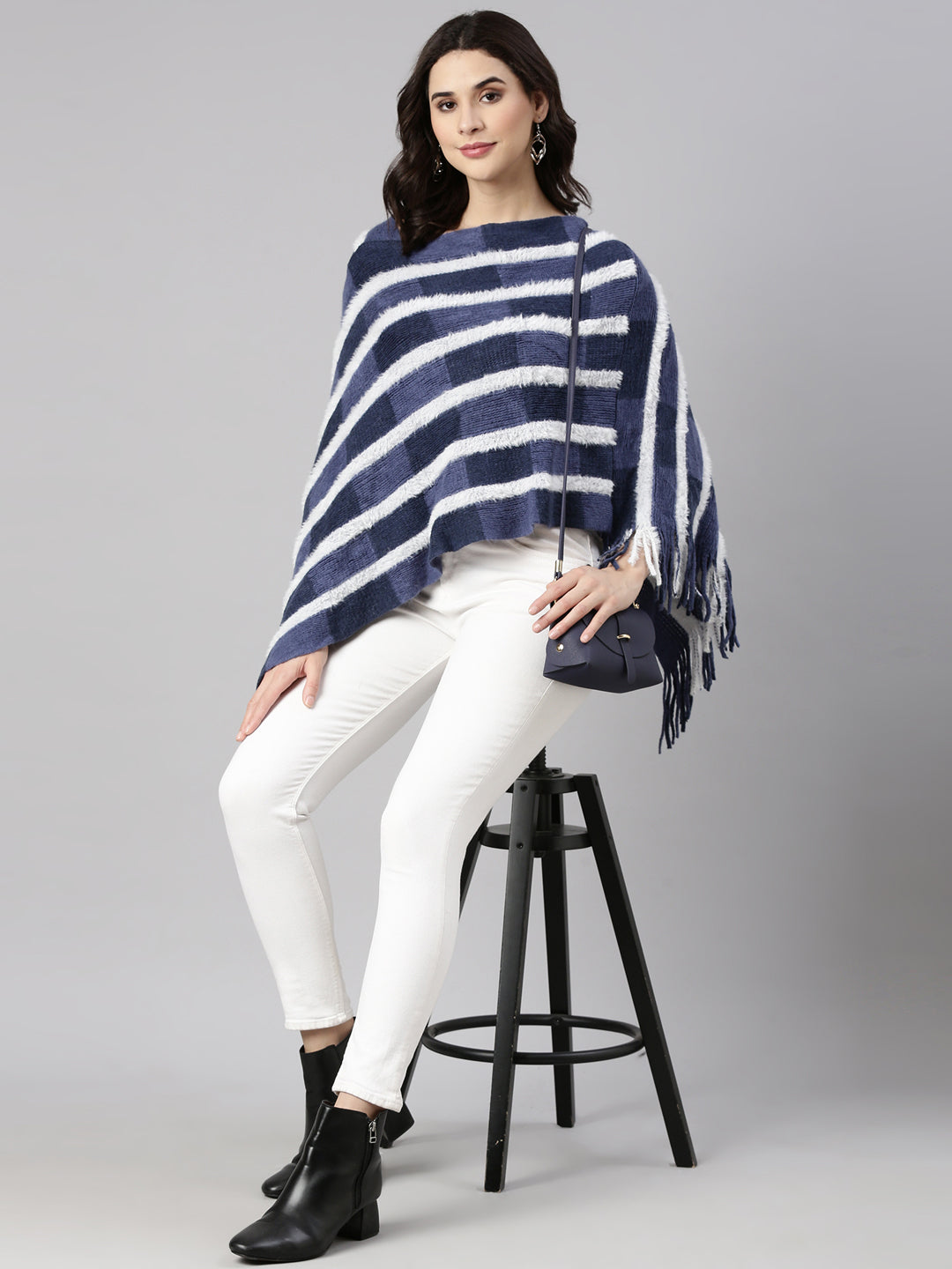 Women's Striped Navy Blue Poncho