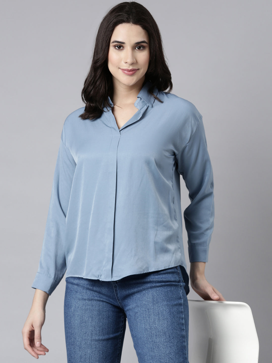 Women Solid Blue Shirt Style Top