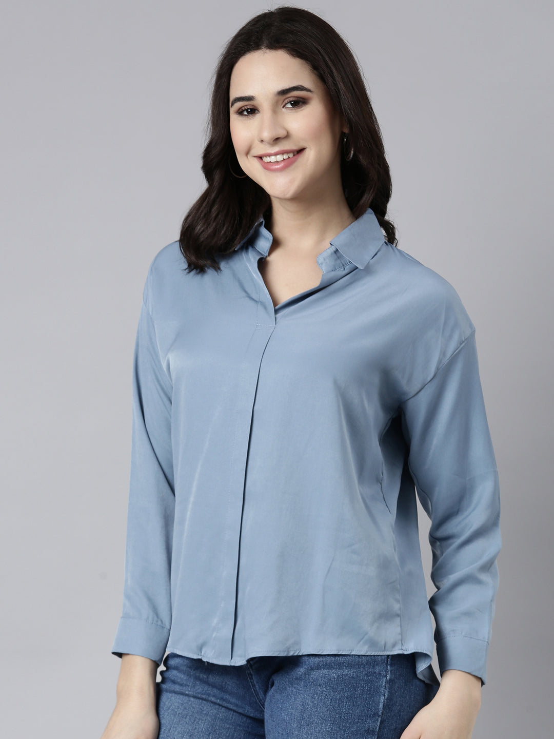 Women Solid Blue Shirt Style Top