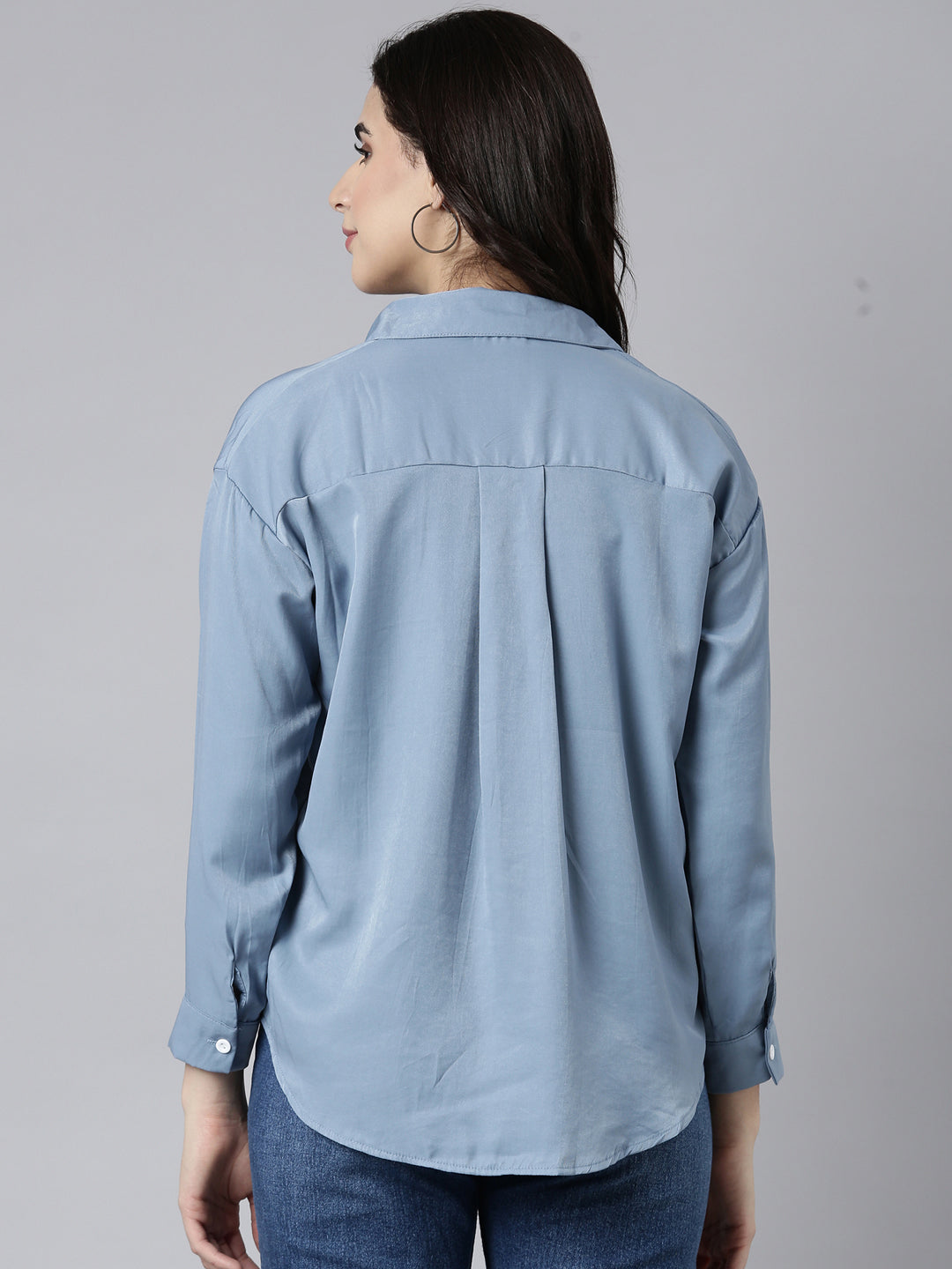 Women Solid Blue Shirt Style Top