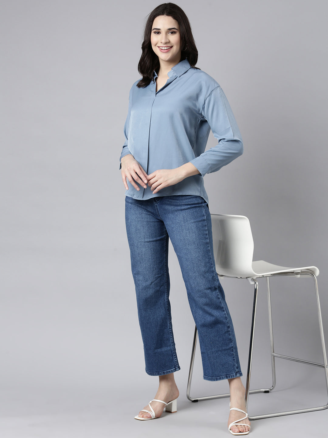 Women Solid Blue Shirt Style Top