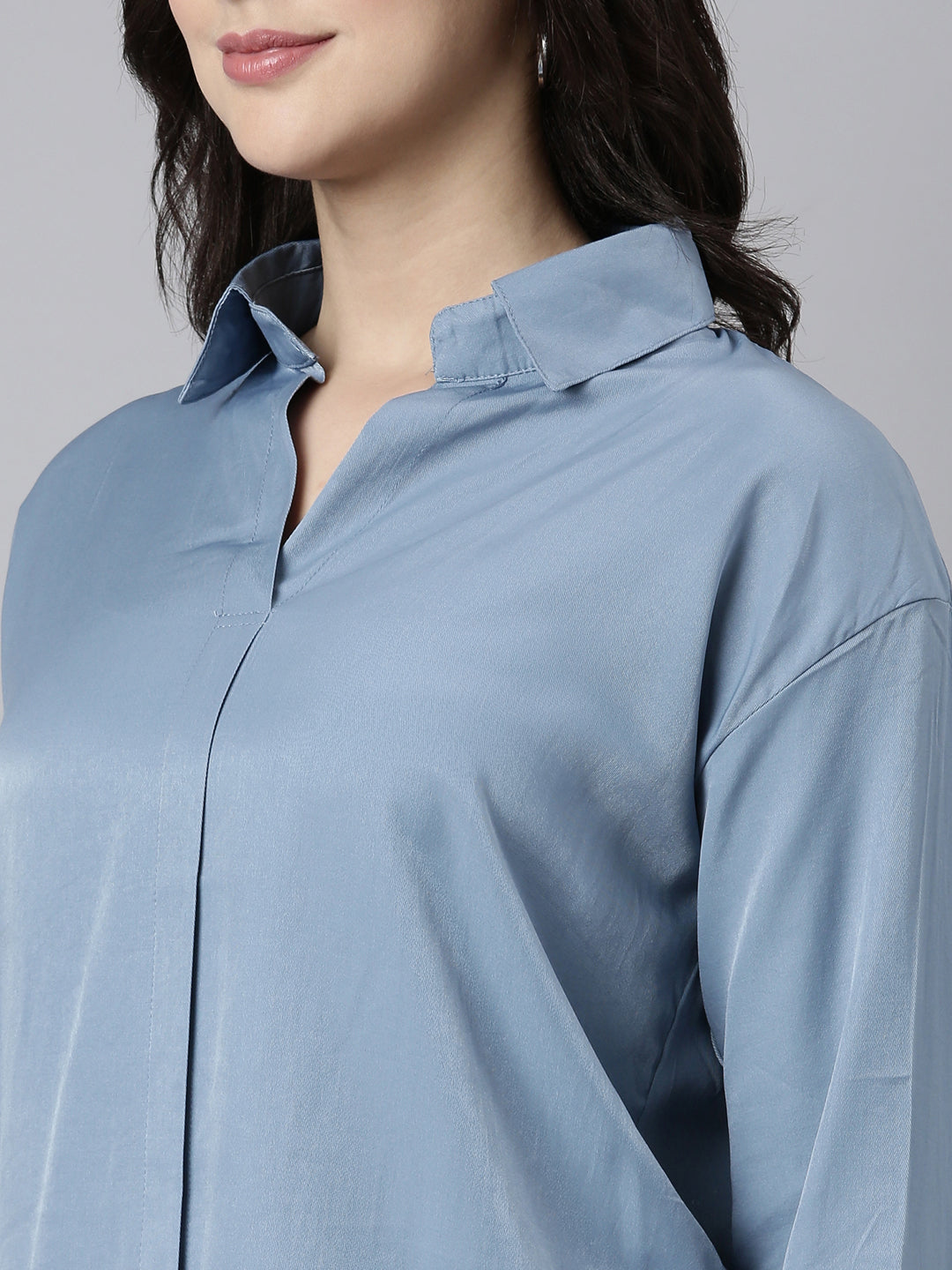 Women Solid Blue Shirt Style Top