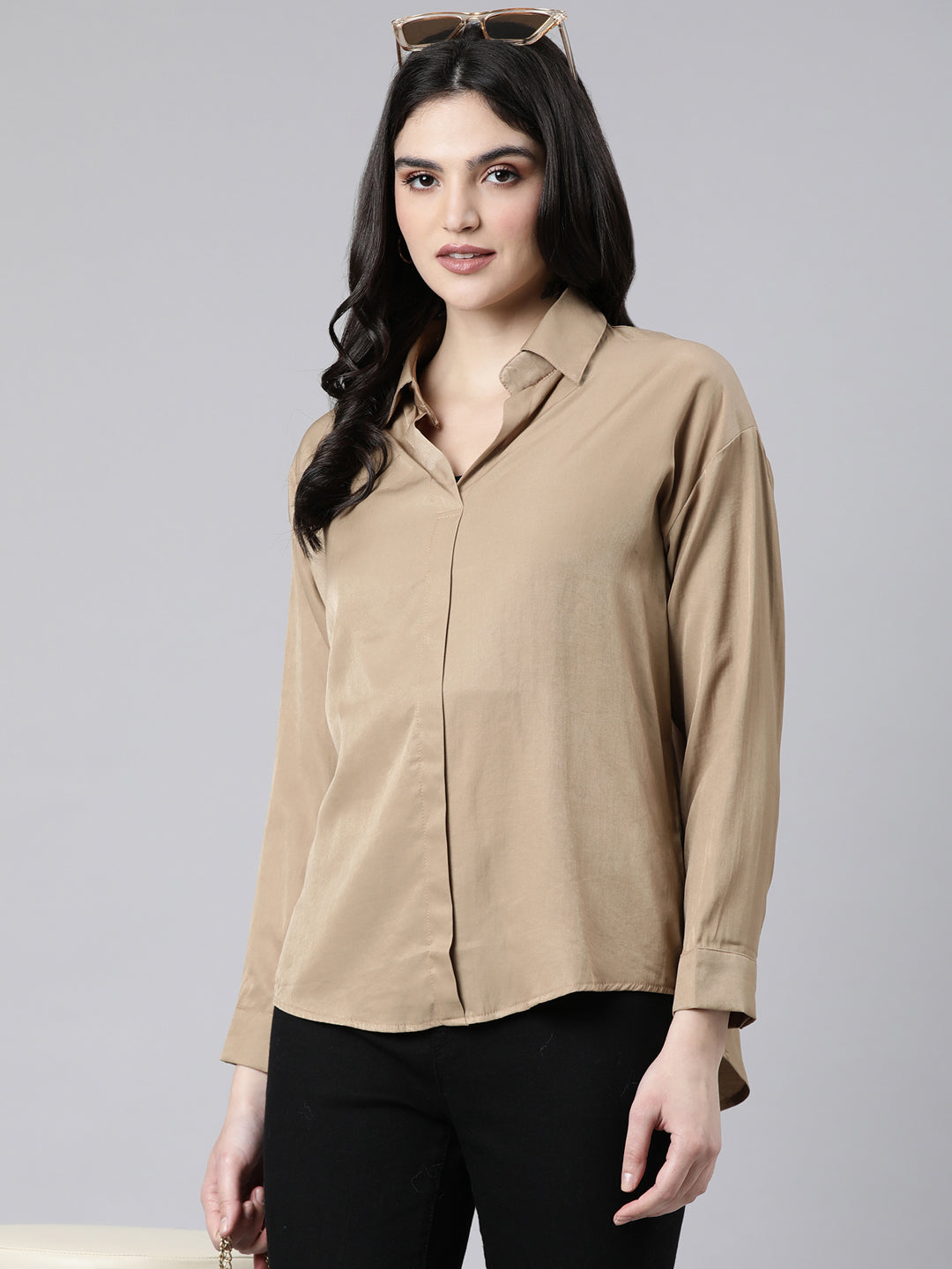 Women Solid Khaki Shirt Style Top