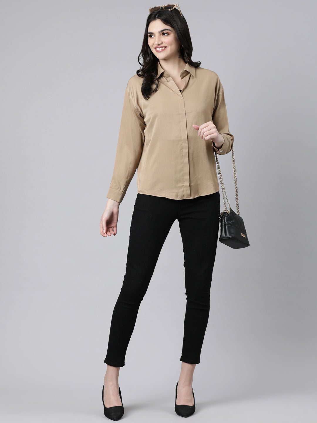 Women Solid Khaki Shirt Style Top