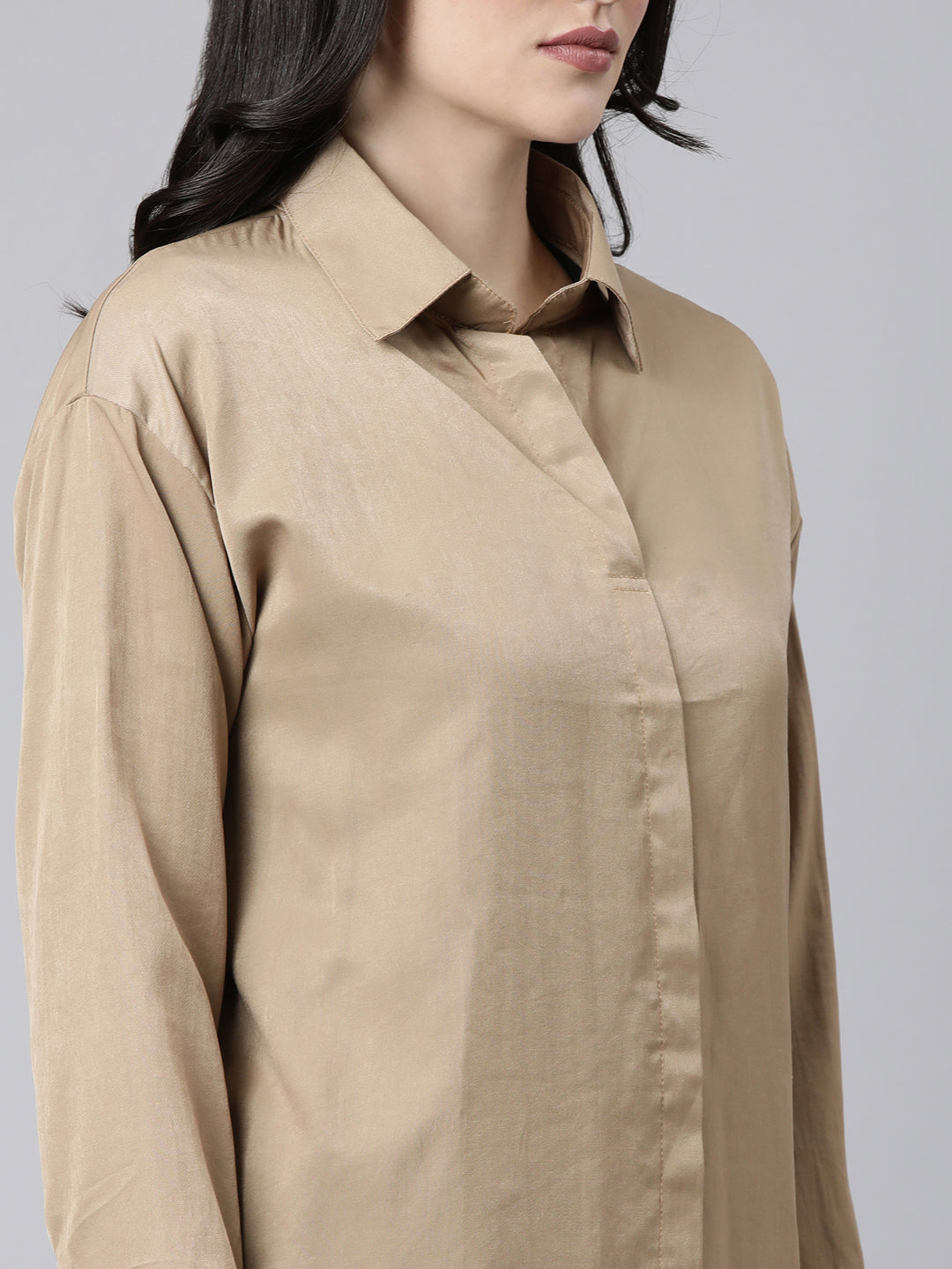 Women Solid Khaki Shirt Style Top