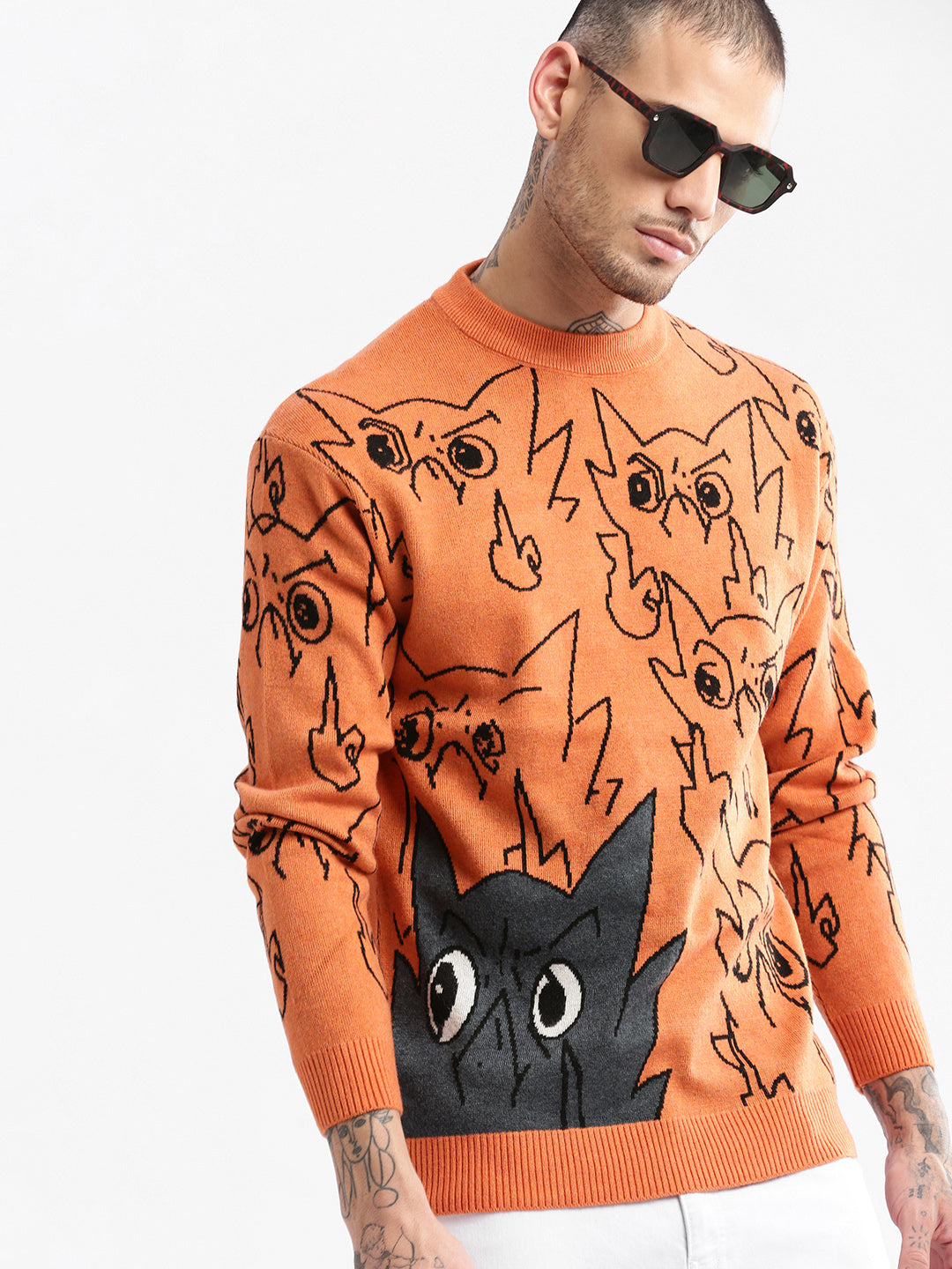 Men Round Neck Humour and Comic Orange Pullover