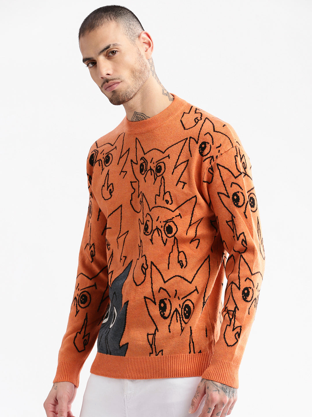 Men Round Neck Humour and Comic Orange Pullover