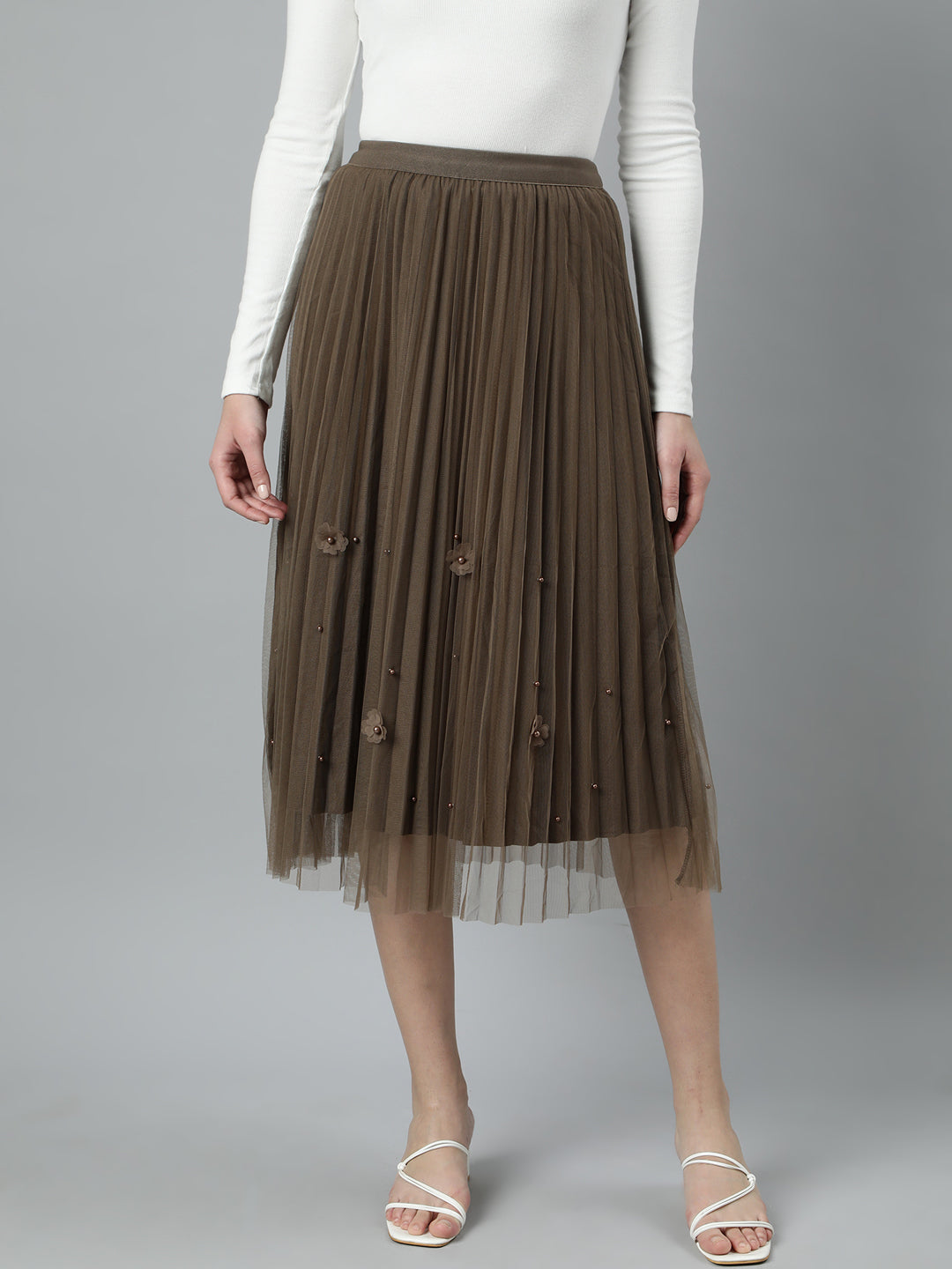 Women Solid Flared Brown Midi Skirt