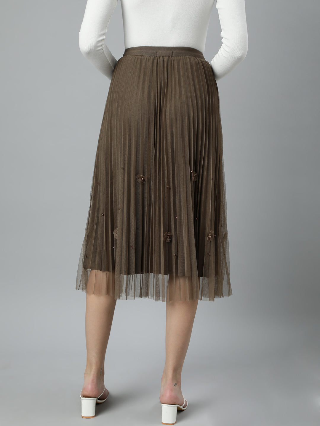 Women Solid Flared Brown Midi Skirt