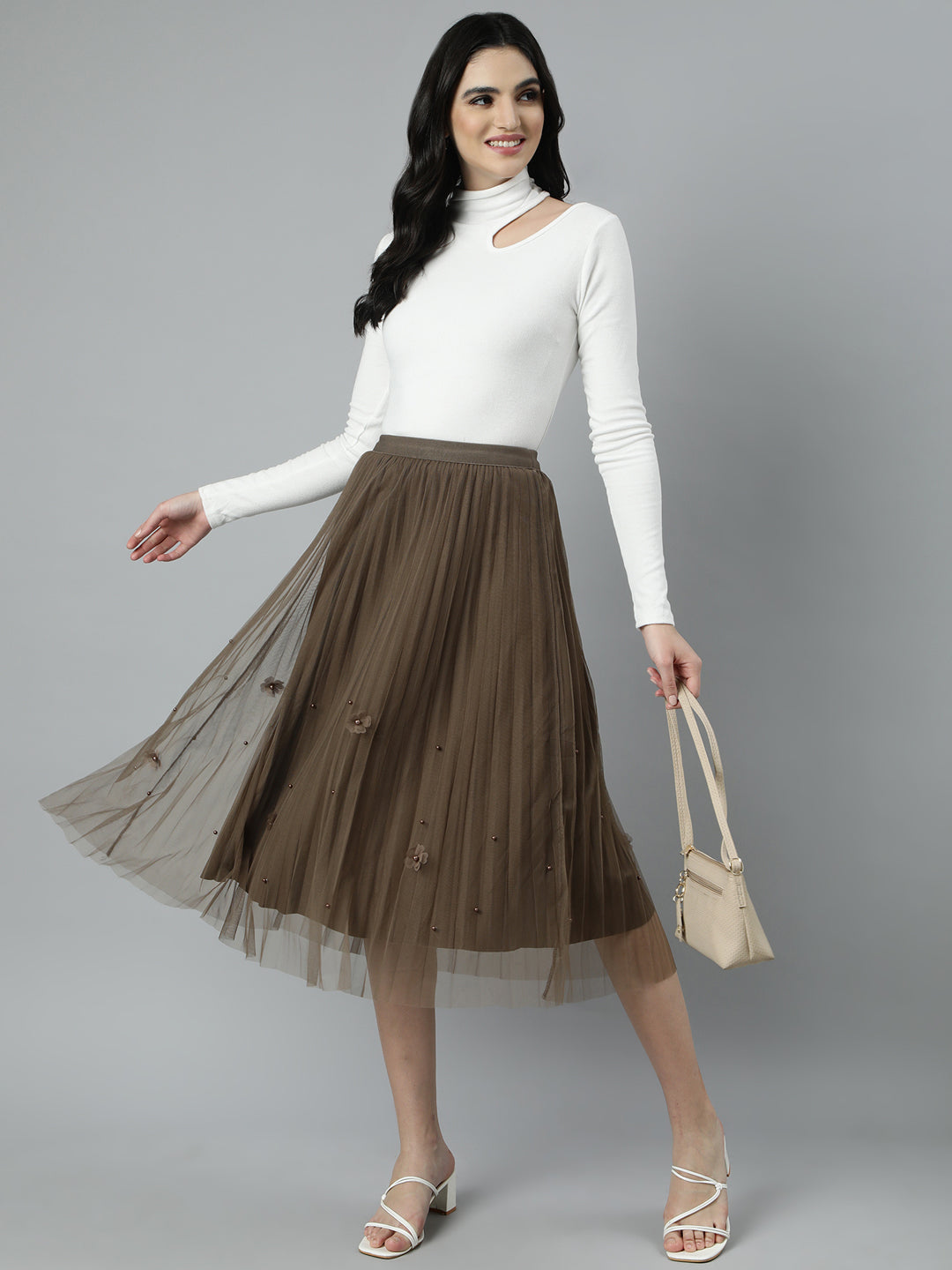 Women Solid Flared Brown Midi Skirt