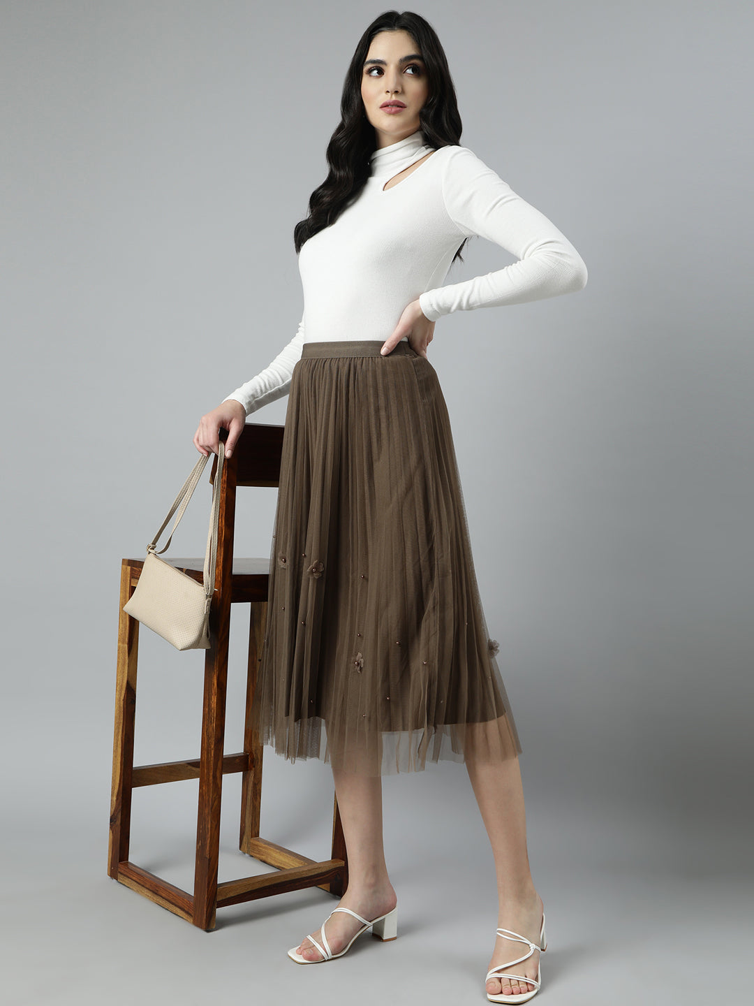 Women Solid Flared Brown Midi Skirt