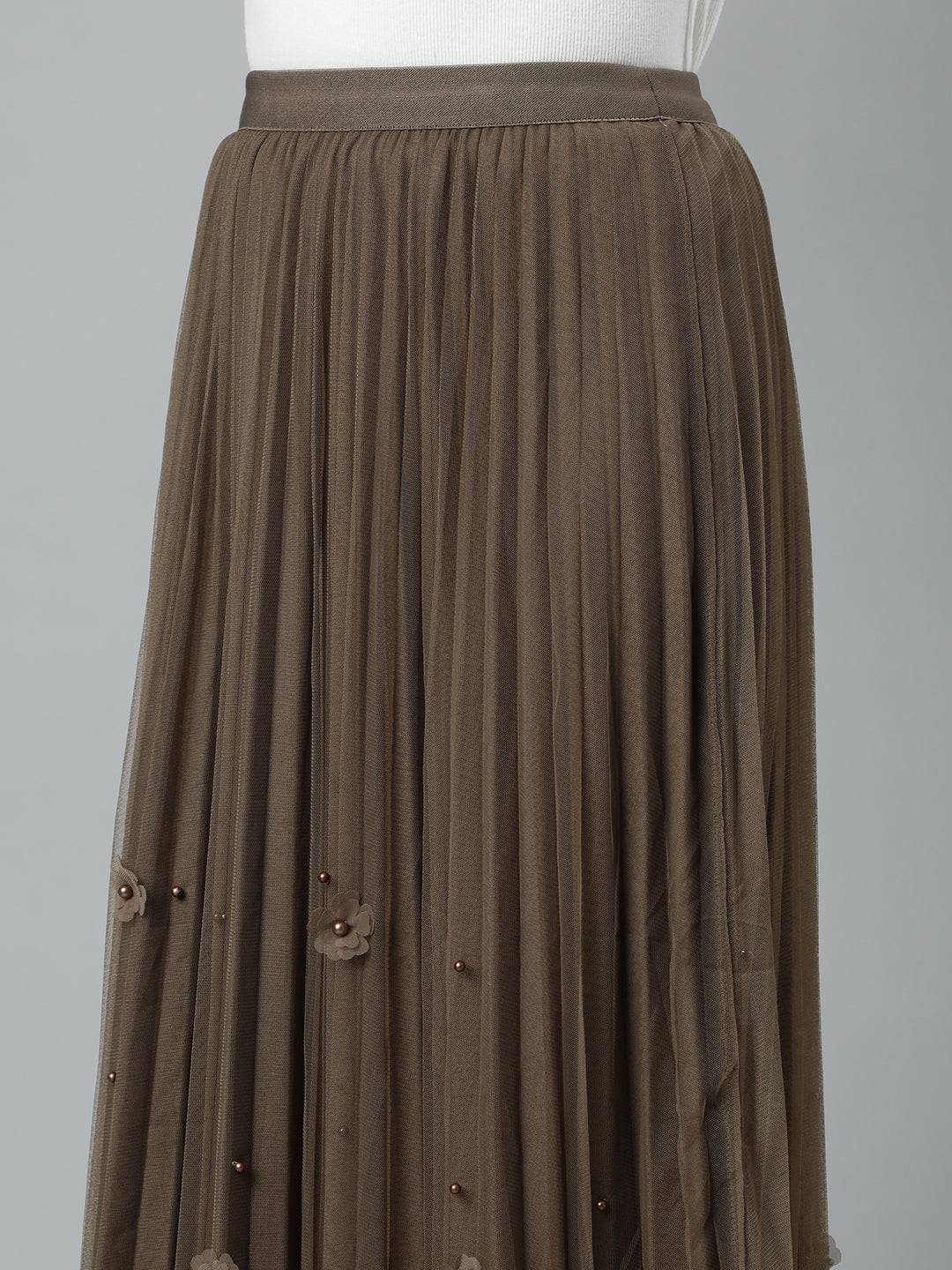 Women Solid Flared Brown Midi Skirt