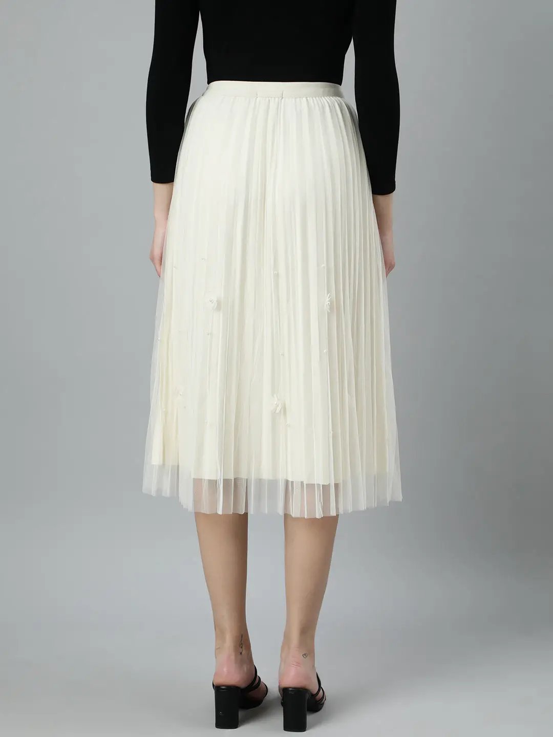Women's Solid Flared Cream Midi Skirt