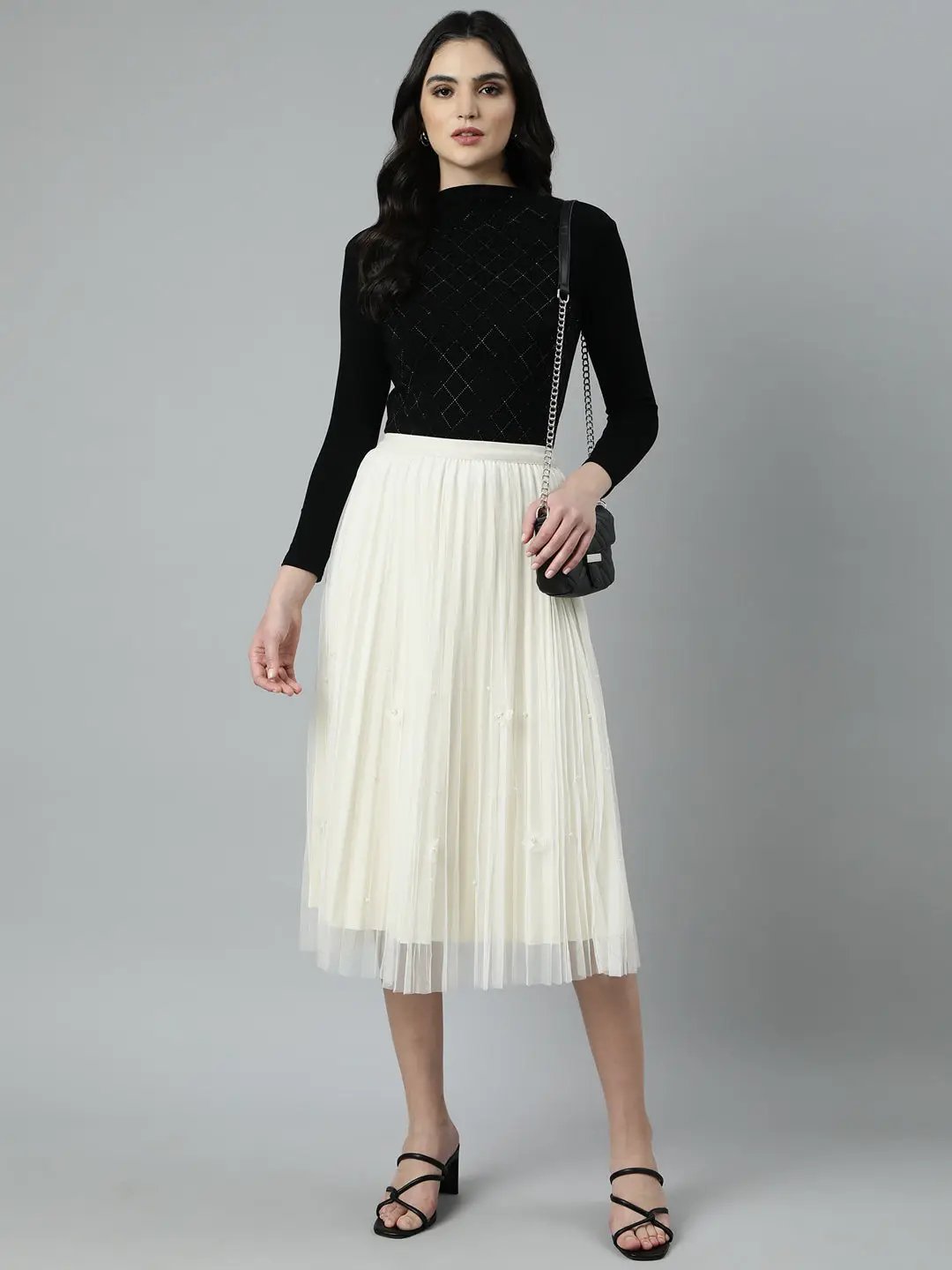 Women's Solid Flared Cream Midi Skirt
