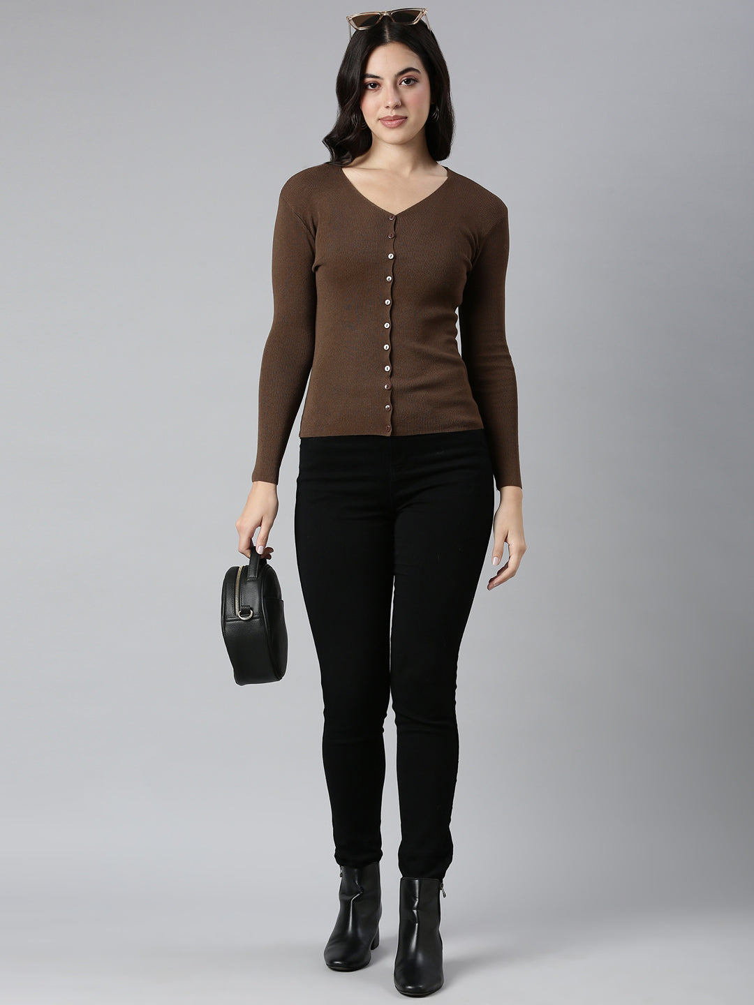 Women's Solid Brown Cardigan