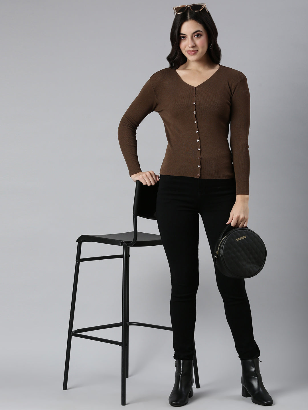 Women's Solid Brown Cardigan