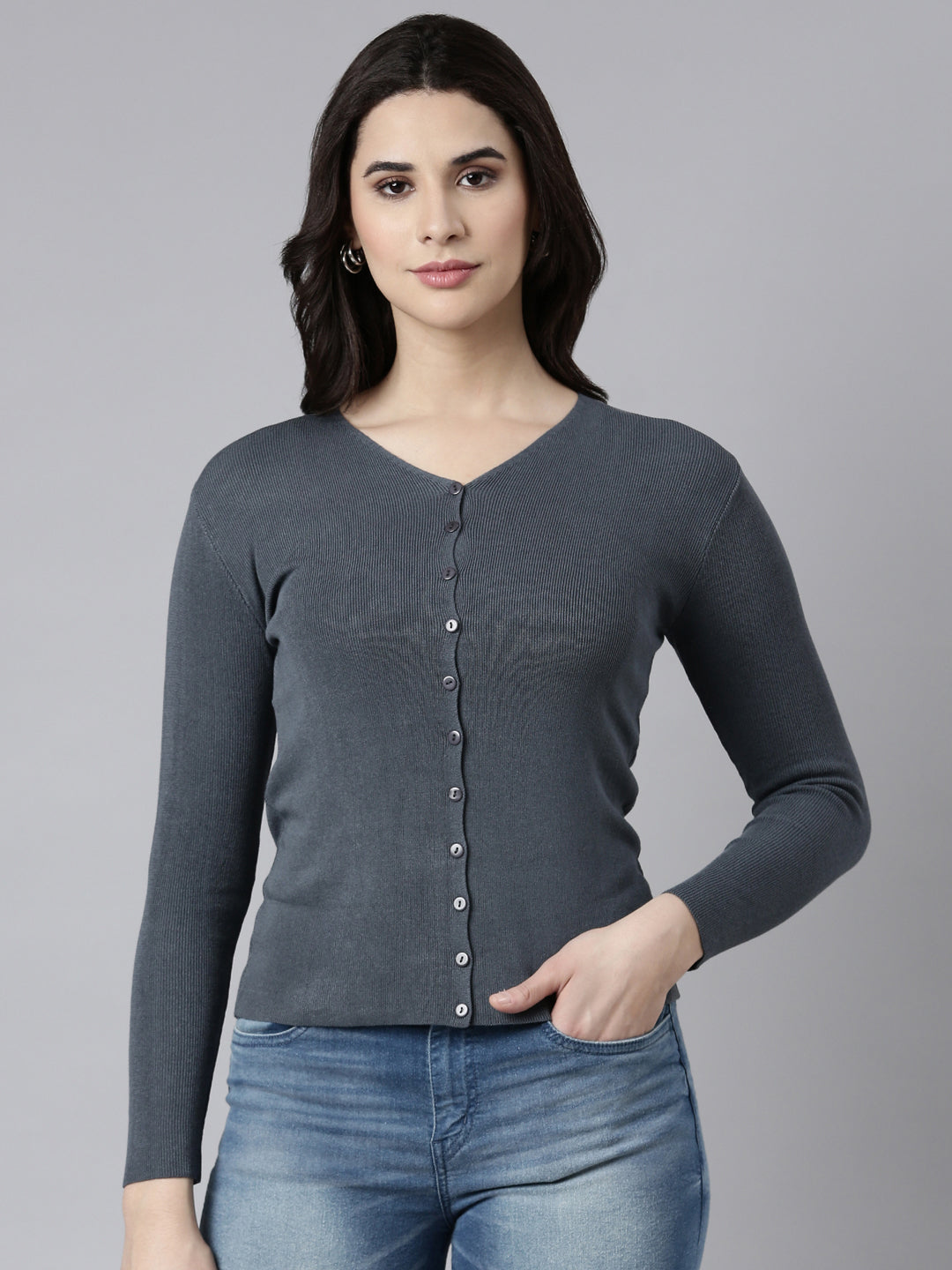 Women's Solid Grey Cardigan