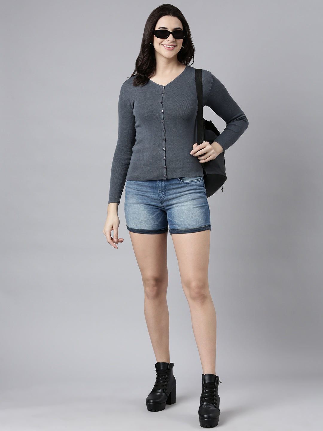 Women's Solid Grey Cardigan