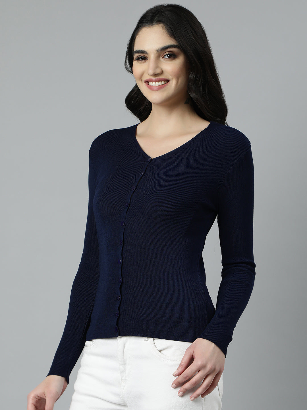 Women Solid Navy Blue Cardigan