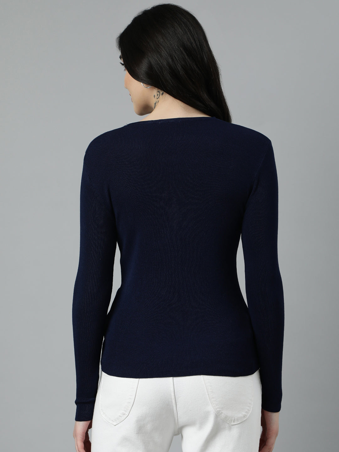 Women Solid Navy Blue Cardigan