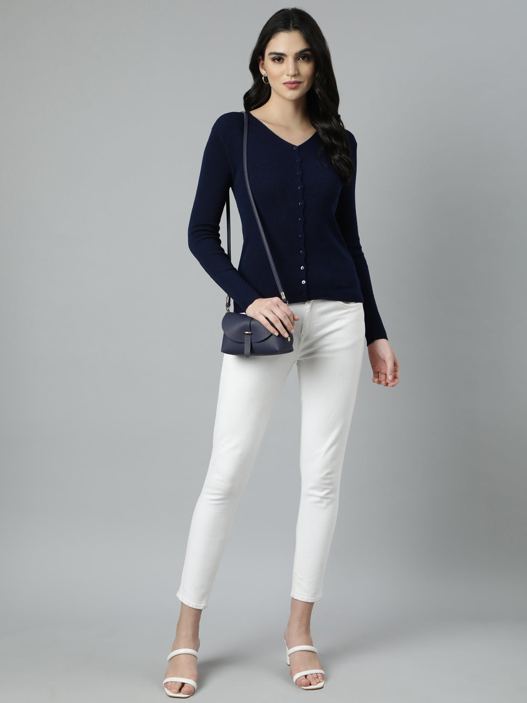 Women Solid Navy Blue Cardigan