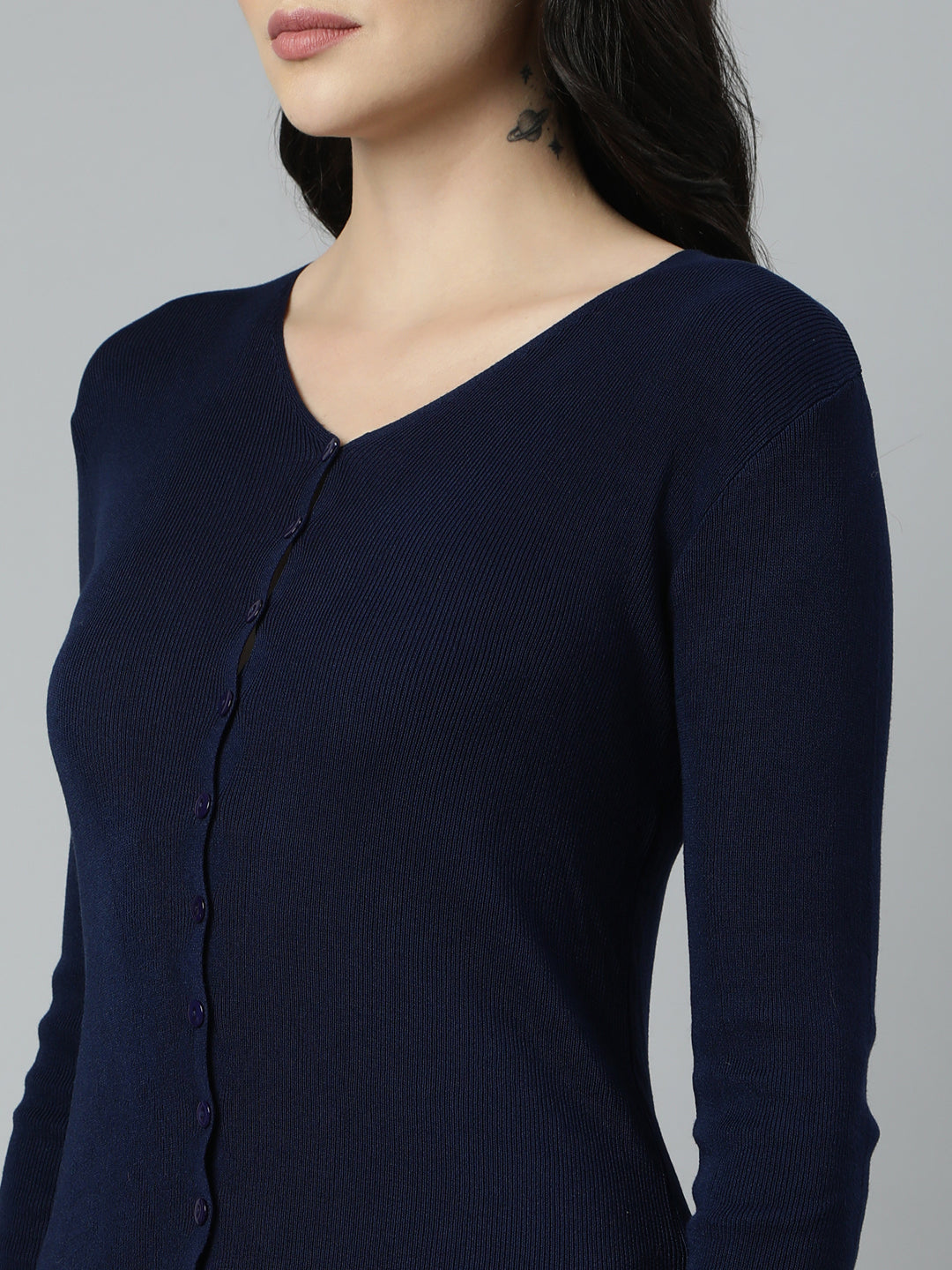 Women Solid Navy Blue Cardigan