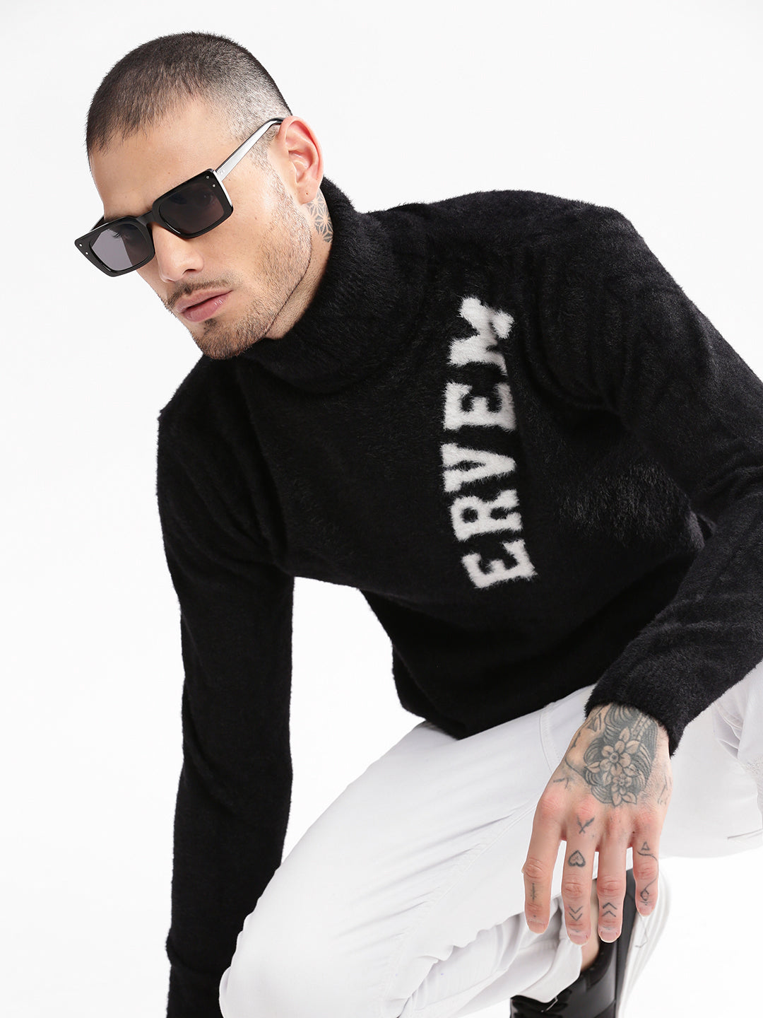 Men Turtle Neck Typography Black Pullover