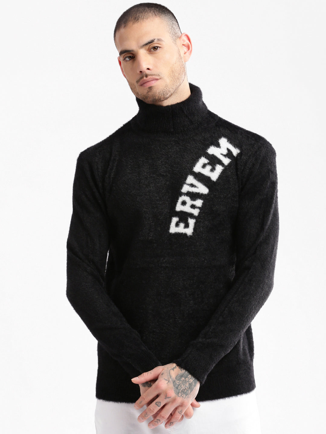 Men Turtle Neck Typography Black Pullover