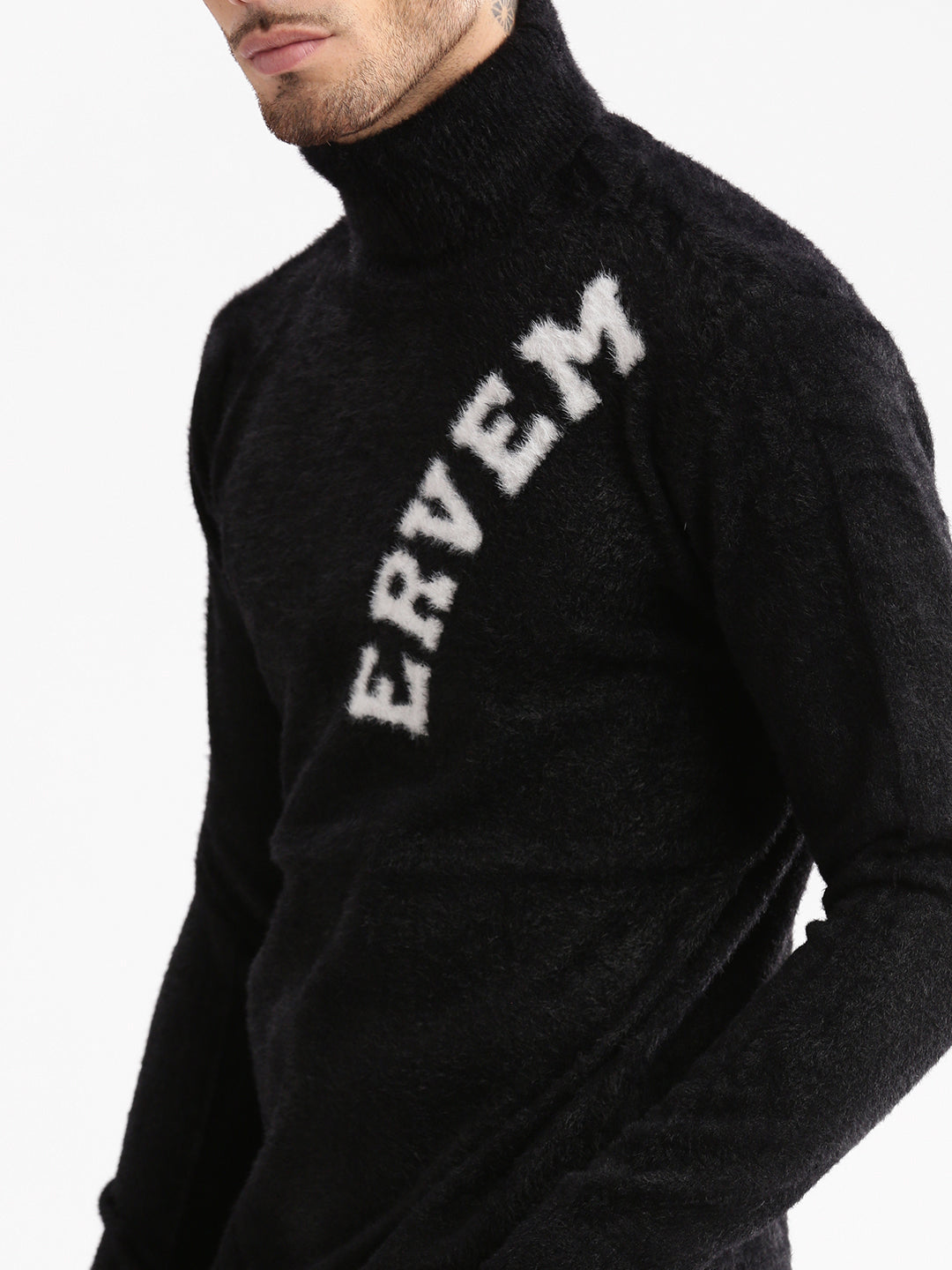 Men Turtle Neck Typography Black Pullover