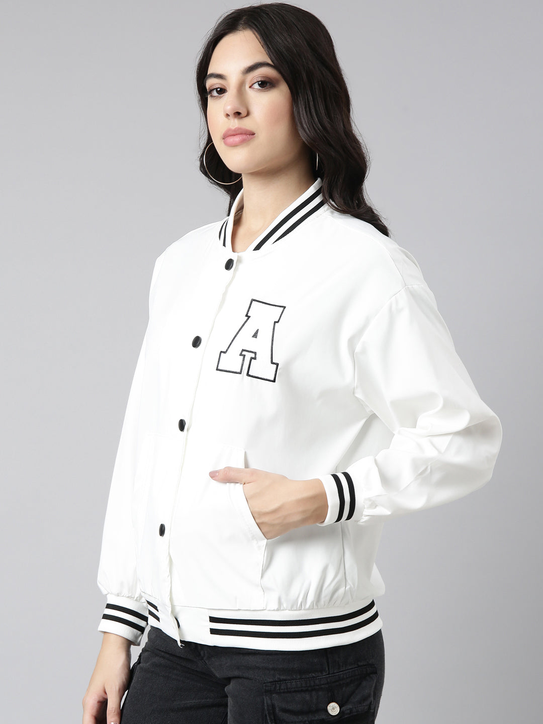 Women's Solid White Oversized Drop Shoulder Varsity Jacket