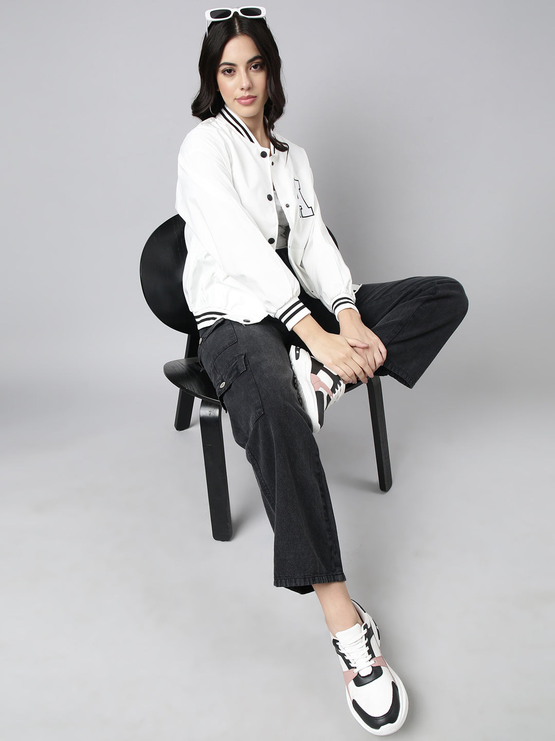 Women's Solid White Oversized Drop Shoulder Varsity Jacket