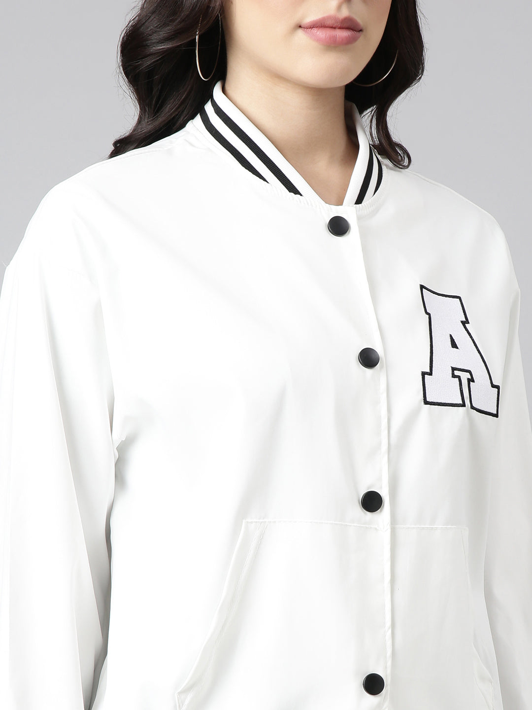 Women's Solid White Oversized Drop Shoulder Varsity Jacket