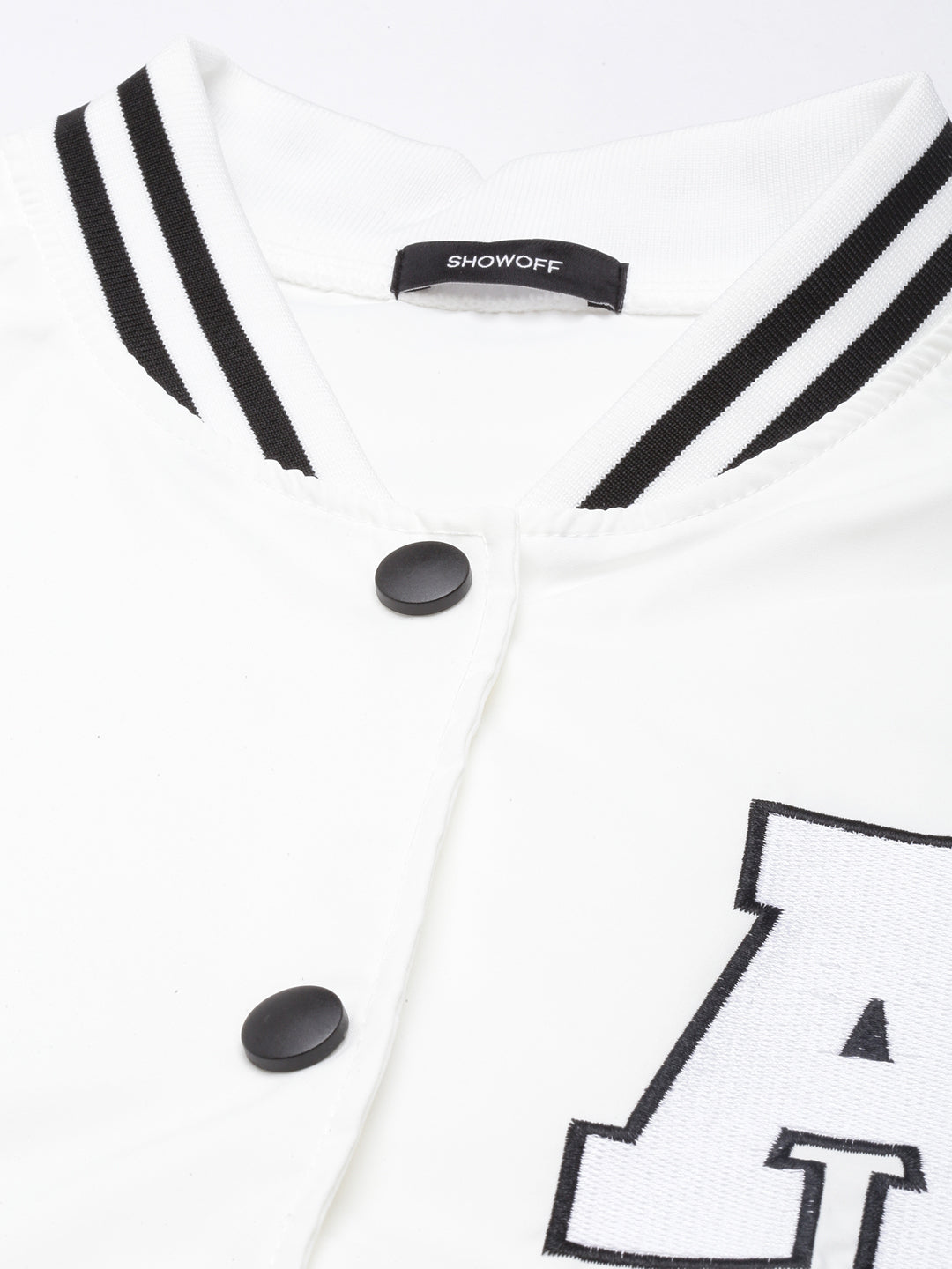 Women's Solid White Oversized Drop Shoulder Varsity Jacket