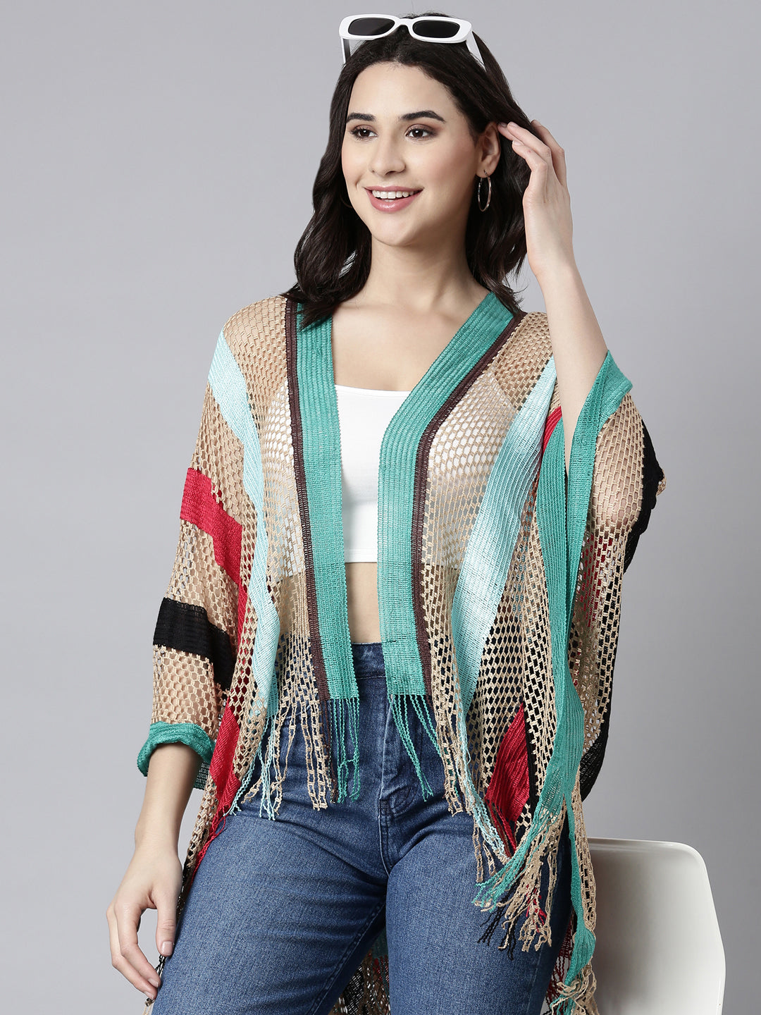 Women Striped Multi Longline Poncho