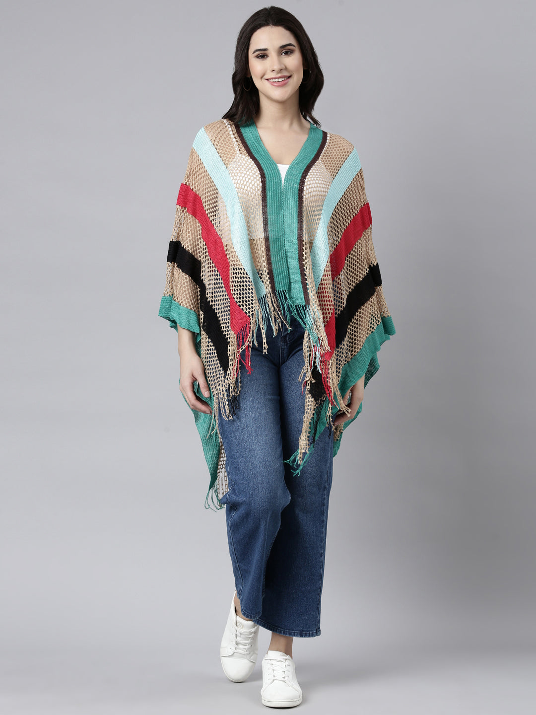 Women Striped Multi Longline Poncho