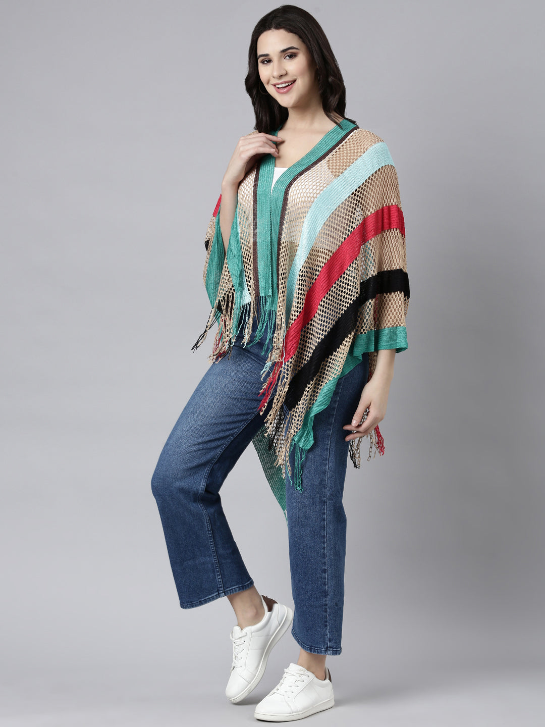 Women Striped Multi Longline Poncho