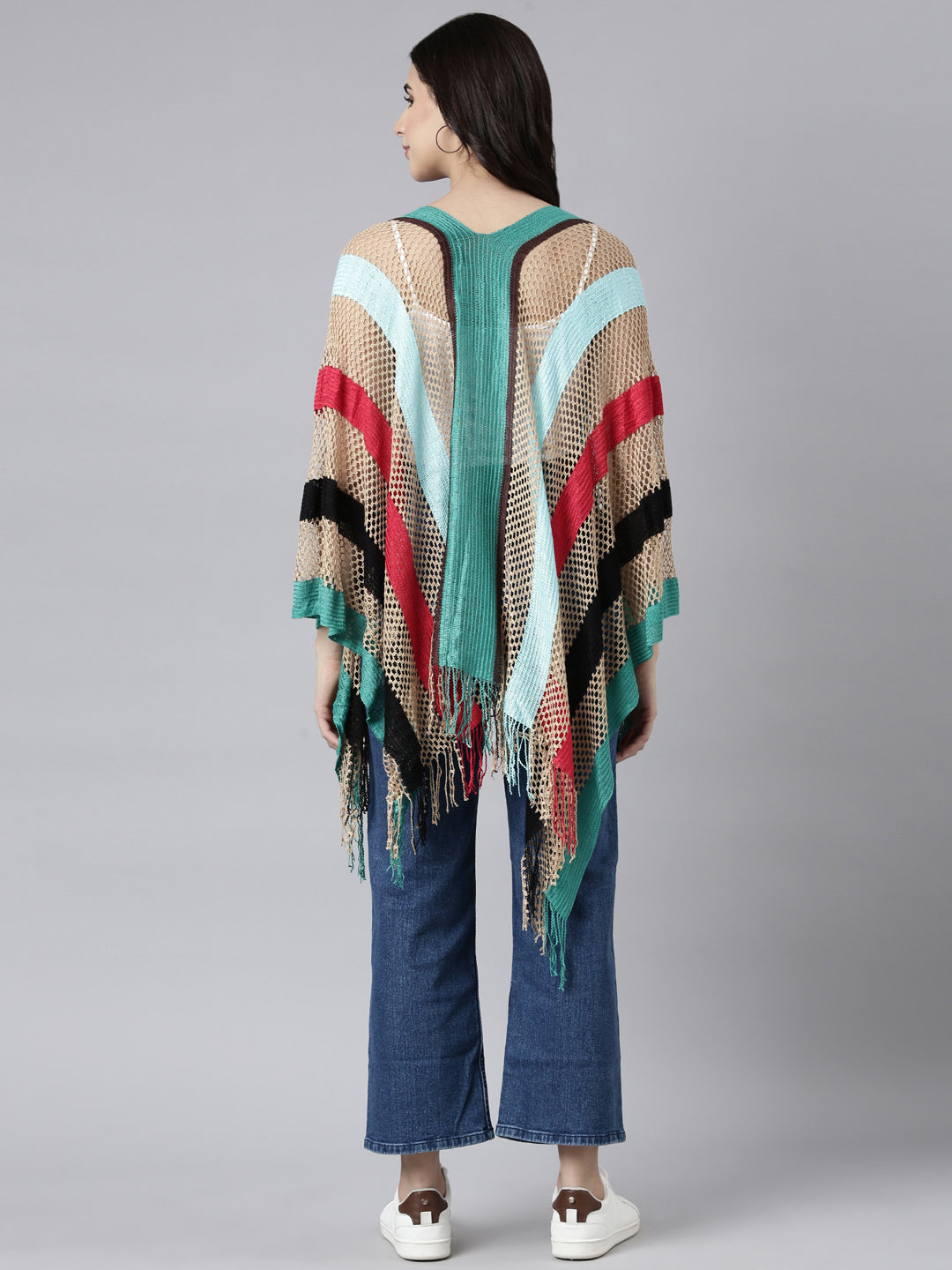 Women Striped Multi Longline Poncho