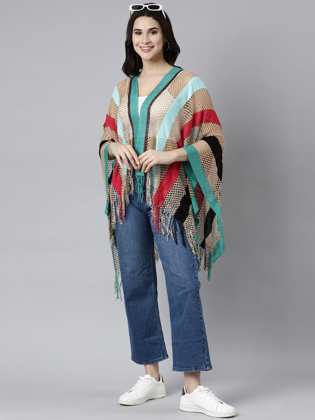 Women Striped Multi Longline Poncho