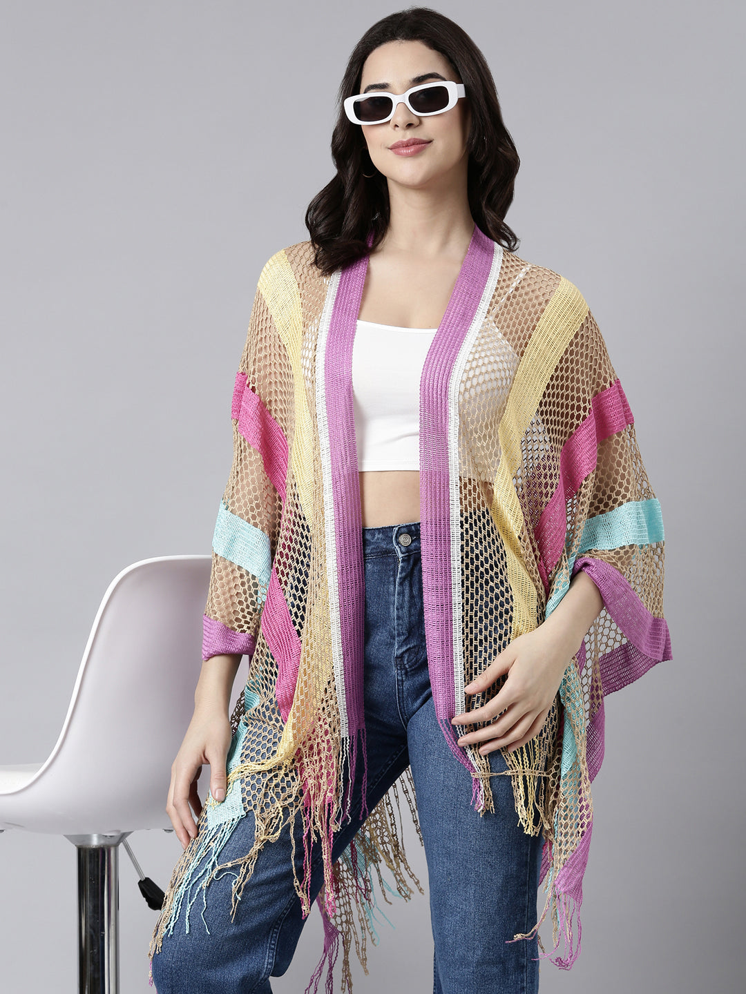 Women Striped Multi Longline Poncho